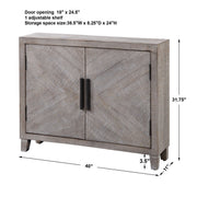White washed Adalind accent cabinet by Uttermost with a rustic, distressed finish and classic cabinet doors.