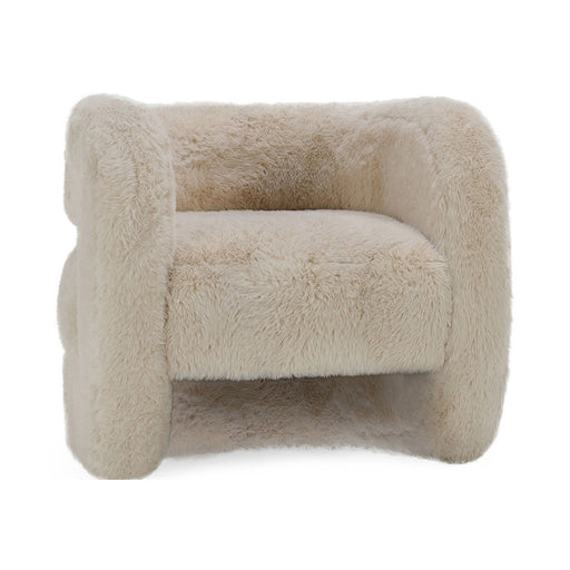Classic Home Teddy plush accent arm chair with soft, tan fabric and rounded armrests for cozy, stylish seating.