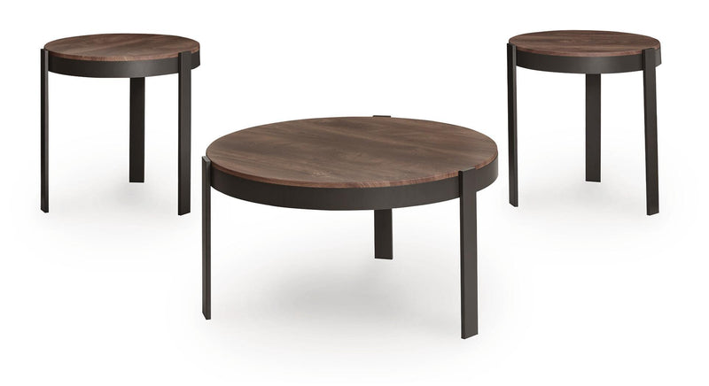 Set of three Horizon Hills occasional tables by Signature Design Ashley in brown and black with sleek, modern design.