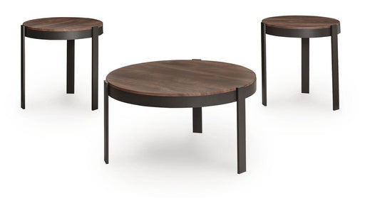 Set of three Horizon Hills occasional tables by Signature Design Ashley in brown and black with sleek, modern design.