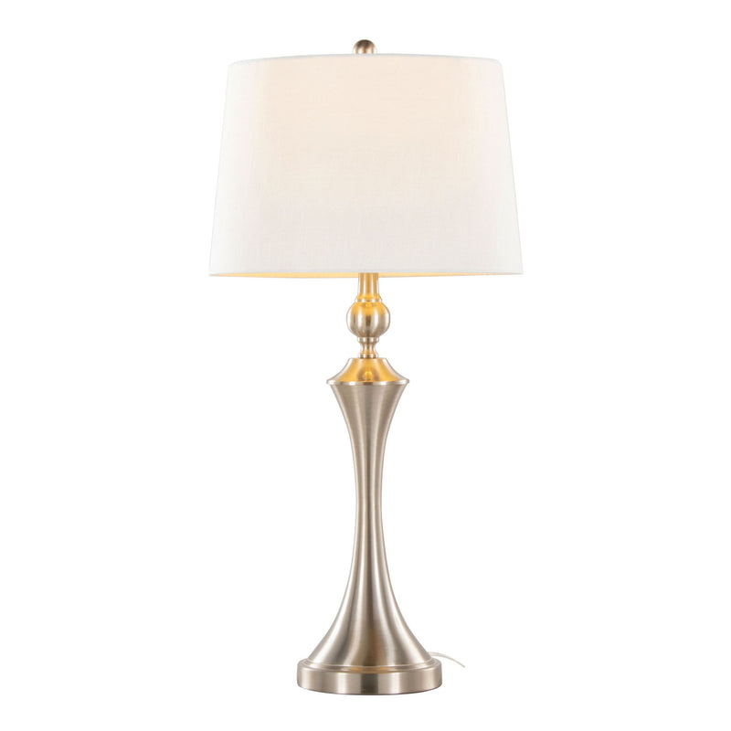 Lumi Source Flint contemporary table lamp set with built-in USB ports, featuring sleek modern design and dual lamps on a shared base.