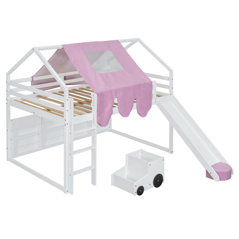 DreamHaus loft bed with house-shaped frame and attached tent, ideal for kids' bedrooms, featuring a cozy, playful design.
