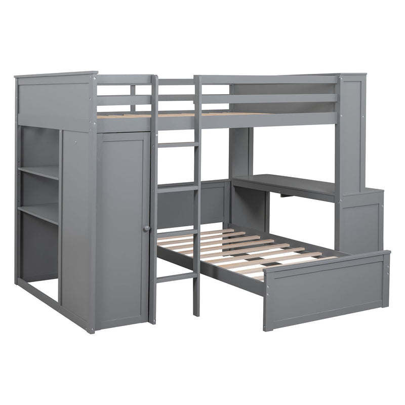 DreamHaus loft bed with twin size standalone bed, shelves, desk, and wardrobe, showcasing a compact multi-functional bedroom setup.