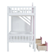 DreamHaus twin over twin bunk bed with changeable table, featuring upper bed and down desk for versatile space-saving design.