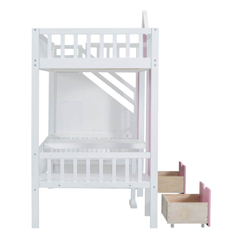 DreamHaus twin over twin bunk bed with changeable table, featuring upper bed and down desk for versatile space-saving design.