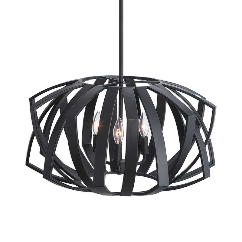 Black Thales geometric 3-light pendant fixture by Uttermost, featuring modern pendant lighting design with sleek black finish.