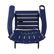 Noble House Zenithia outdoor foldable Adirondack arm chair with two cup holders on a wooden deck.