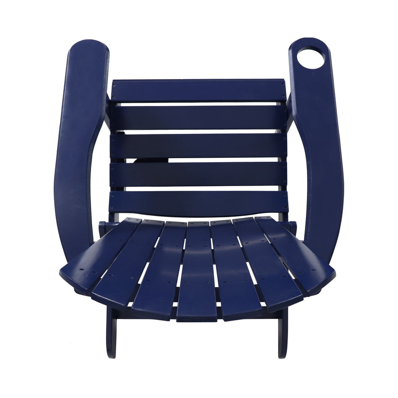 Noble House Zenithia outdoor foldable Adirondack arm chair with two cup holders on a wooden deck.