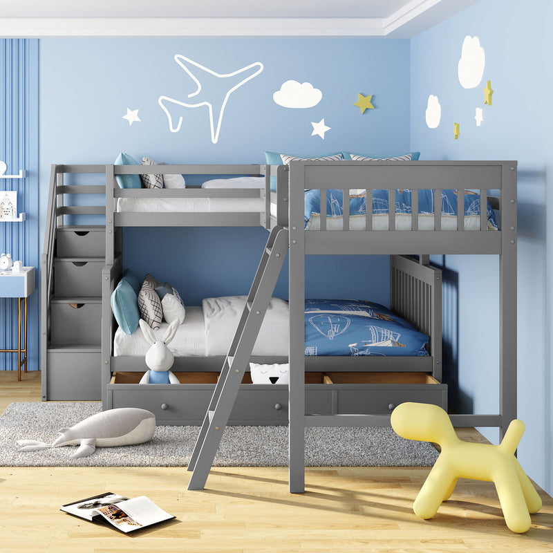 Solid L Shaped Bunk Bed With 3 Drawers, Ladder And Staircase - R&R Furniture Gallery (Fountain Valley, CA)