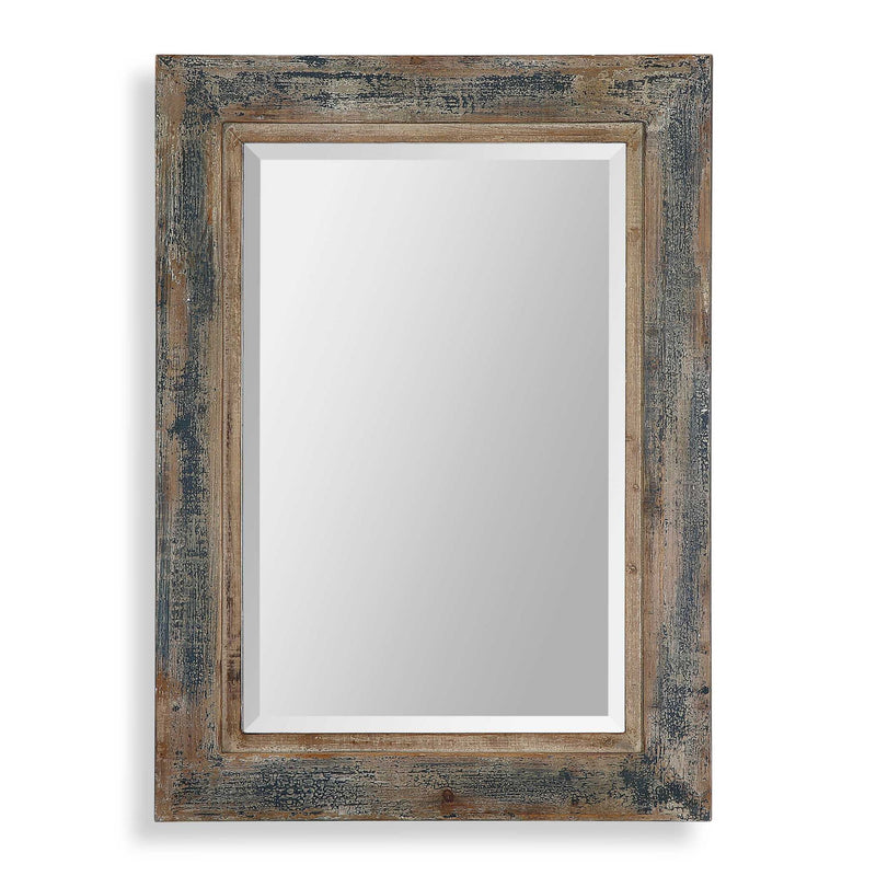 Distressed blue Bozeman wall mirror by Uttermost with a rustic, vintage-inspired frame for stylish home decor.