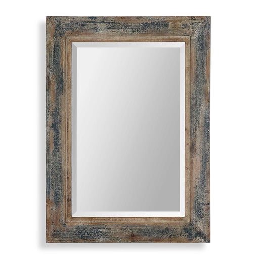 Distressed blue Bozeman wall mirror by Uttermost with a rustic, vintage-inspired frame for stylish home decor.