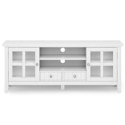 Simpli-Home Acadian TV media stand with open shelves and storage cabinets, made of wood in a modern design.