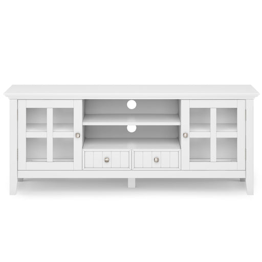 Simpli-Home Acadian TV media stand with open shelves and storage cabinets, made of wood in a modern design.