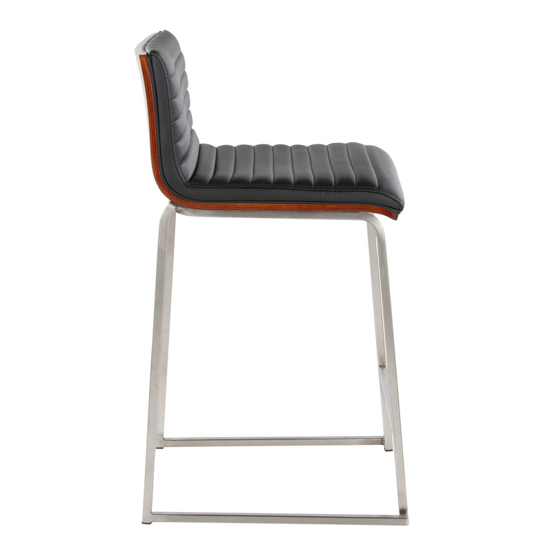 Lumi Source Mason Mara contemporary fixed height counter stool set with sleek design, black seats, and wooden legs.