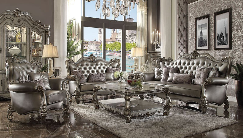 Versailles - Sofa With 6 Pillows - Silver Synthetic Leather & Antique Platinum - R&R Furniture Gallery (Fountain Valley, CA)