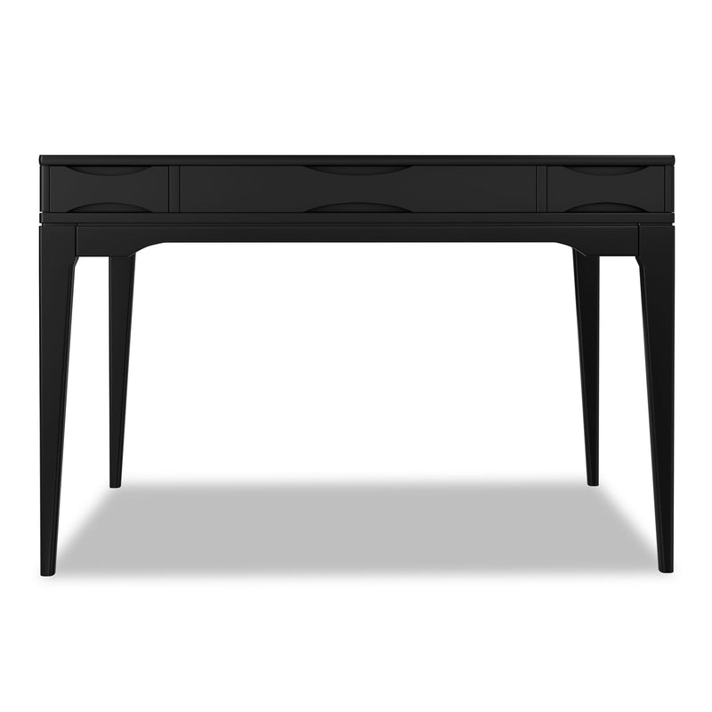 Handcrafted Simpli-Home Harper writing desk with a smooth wooden surface and sturdy legs, perfect for home office or study space.