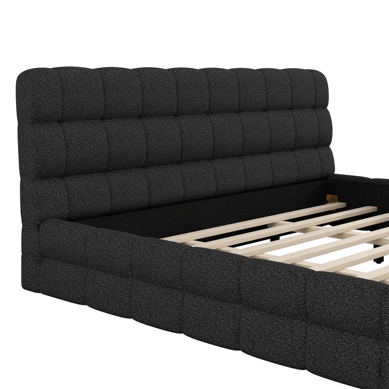 Dreamland upholstered platform bed with a padded headboard and sleek design, shown in a modern bedroom setting.