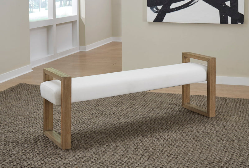 One Modern Coastal Sled Leg Upholstered Dining Bench in White Pearl and Bisque