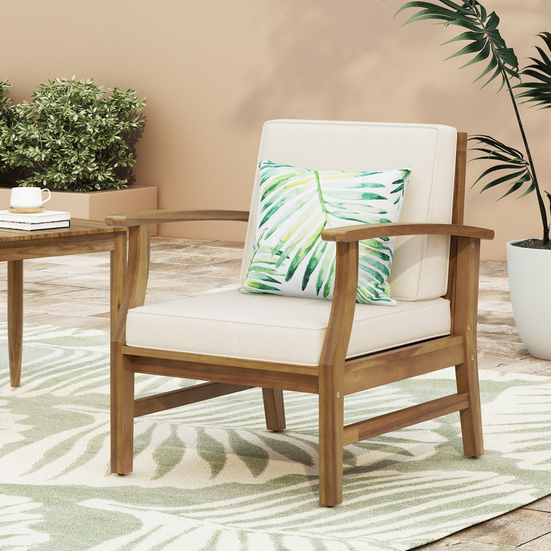 Noble House Perla contemporary club arm chair with water-resistant cushion in neutral fabric, featuring stylish design and plush seating.