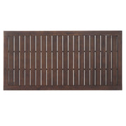 Dark brown acacia wood outdoor dining table with slatted top, ideal for patio or garden dining spaces.
