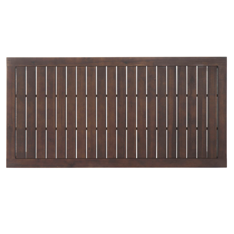 Dark brown acacia wood outdoor dining table with slatted top, ideal for patio or garden dining spaces.