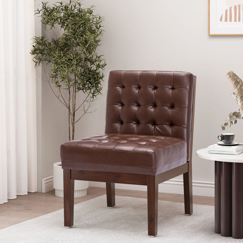 Dark brown Noble House armless accent chair with tufted waffle stitch upholstery and modern contemporary design.