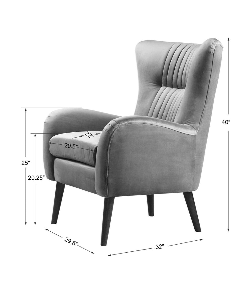 Blue Dax Mid-Century Accent Chair by Uttermost with wooden legs and plush upholstered seat and back.