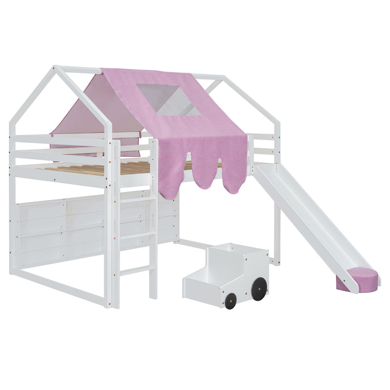 DreamHaus loft bed with house-shaped frame and tent, featuring a cozy enclosed space and playful design for kids' bedroom.