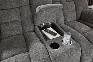 Foreside - Dbl Reclining Loveseat with Console - Charcoal - R&R Furniture Gallery (Fountain Valley, CA)