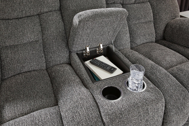 Foreside - Dbl Reclining Loveseat with Console - Charcoal - R&R Furniture Gallery (Fountain Valley, CA)
