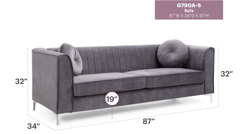 Delray Micro Suede Sofa by Glory Furniture, stationary sofa with plush micro suede upholstery and modern design.