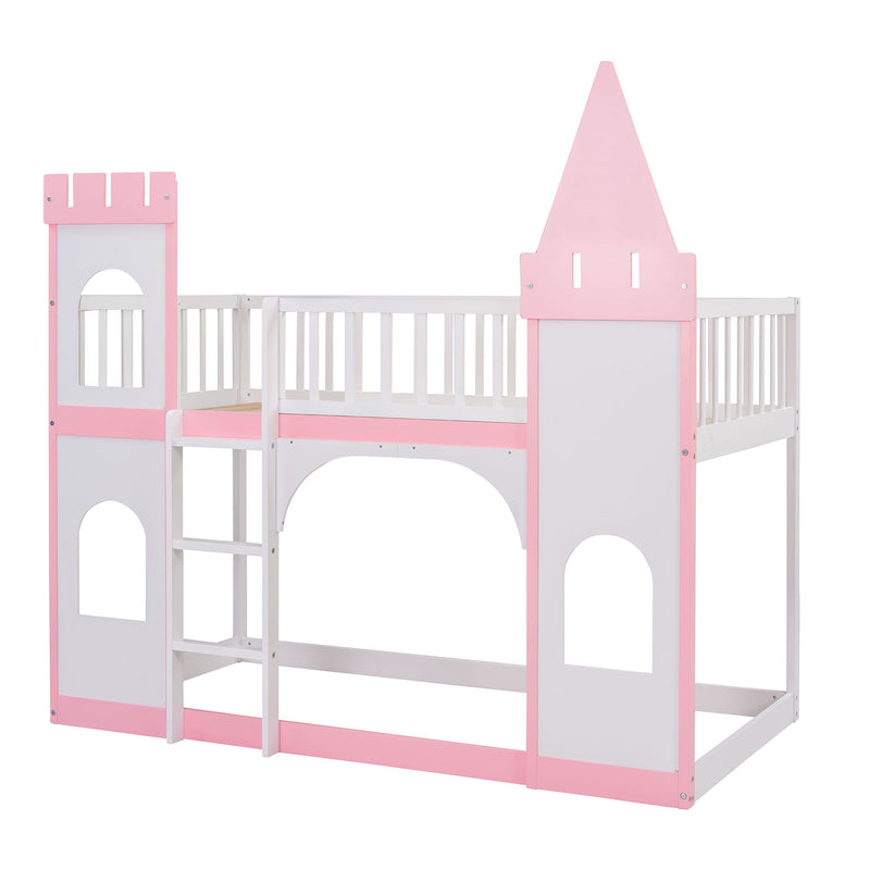 Twin Over Twin Castle Bunk Bed With Ladder - Pink - R&R Furniture Gallery (Fountain Valley, CA)