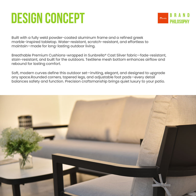 Life Outside 4-piece outdoor conversation set with chairs, bench sofa, tables, and Sunbrella cushions for patio relaxation.