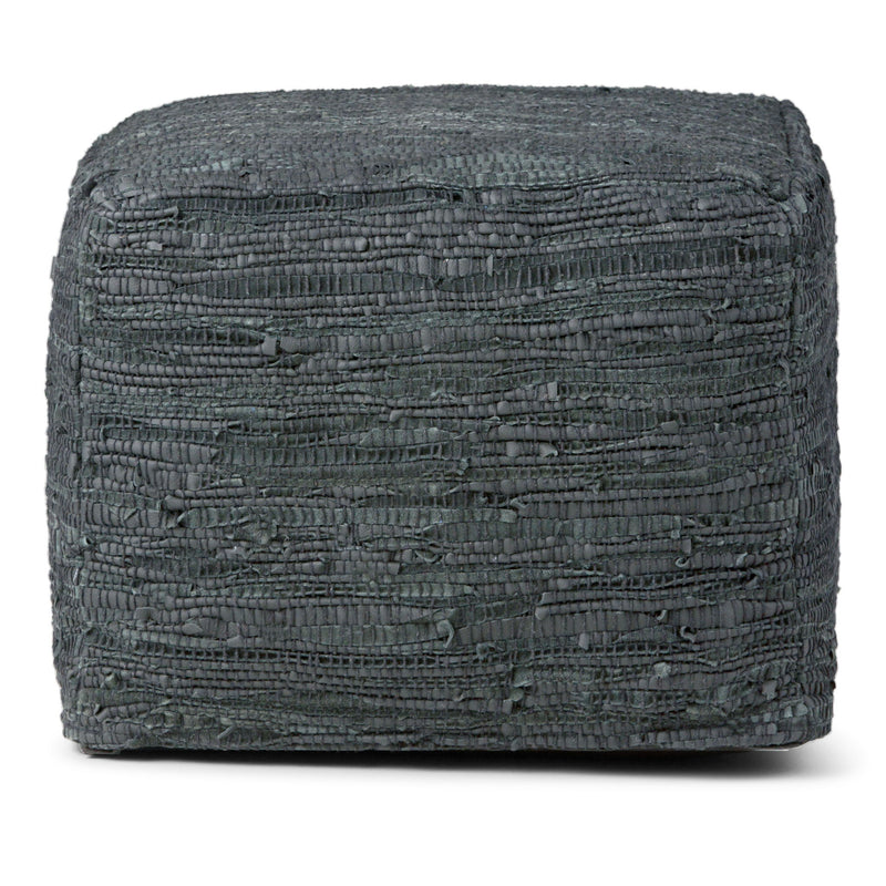Simpli-Home Fredrik handcrafted square accent pouf with textured fabric in neutral tones, versatile for living room or seating area.