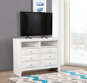 Glory Furniture Marilla media chest with drawers and open shelf, wooden finish, modern design for living room storage.