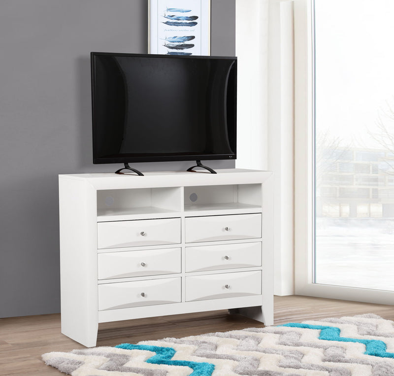 Glory Furniture Marilla media chest with drawers and open shelf, wooden finish, modern design for living room storage.