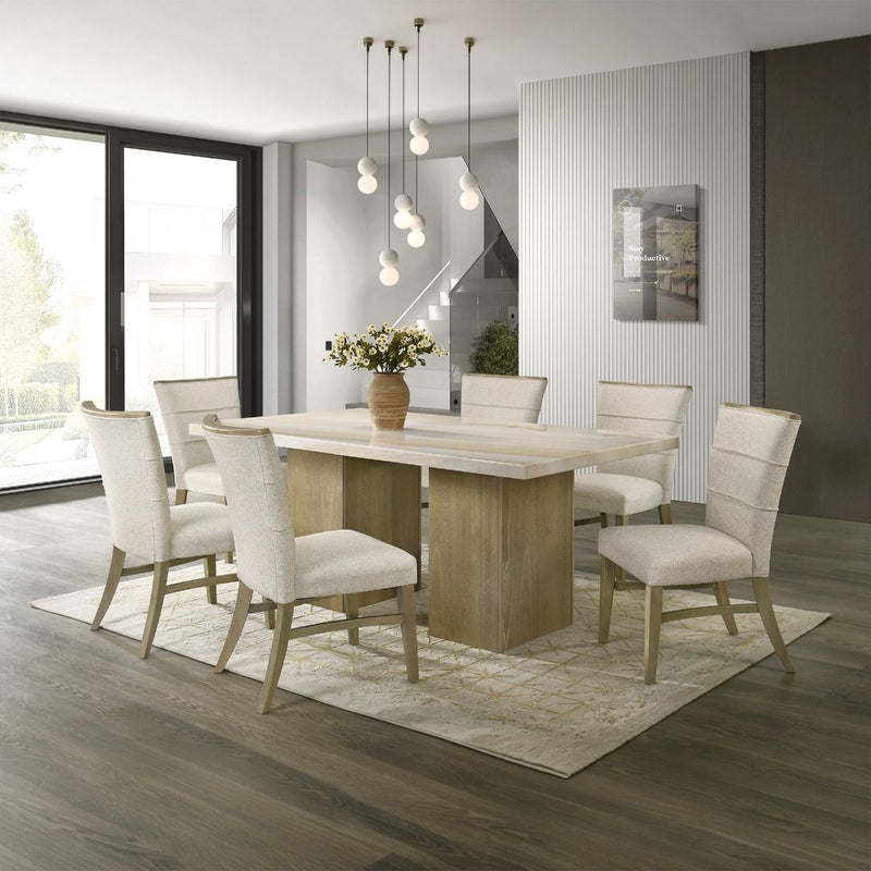 ACME Olinda dining table with natural marble top, showcasing sleek design and elegant marble surface for modern dining spaces.