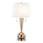Set of two Lumi Source Jules contemporary table lamps with white shades, nickel finish, and built-in USB ports for convenient charging.