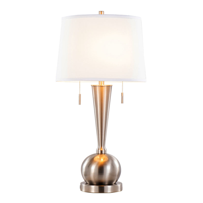 Set of two Lumi Source Jules contemporary table lamps with white shades, nickel finish, and built-in USB ports for convenient charging.