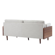 Noble House mid-century moderne stationary sofa with wood sides, featuring plush upholstery and sleek, clean-lined design.