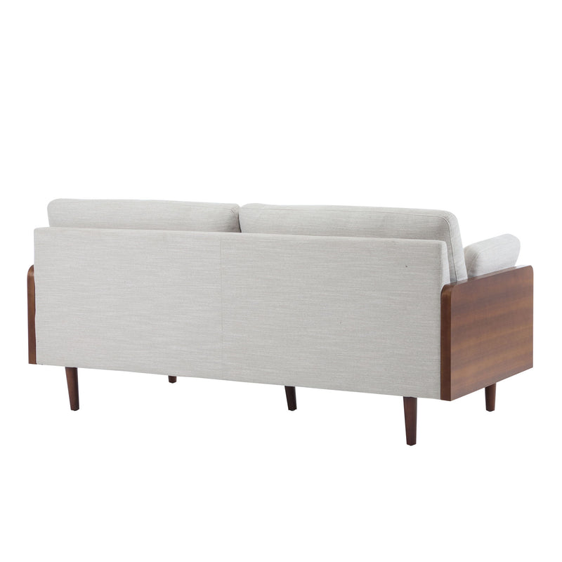 Noble House mid-century moderne stationary sofa with wood sides, featuring plush upholstery and sleek, clean-lined design.