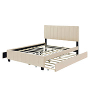 DreamHaus platform upholstered storage bed with two drawers and twin long trundle, showcasing a modern design and plush fabric.