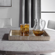 Silver Talmage mirrored tray by Uttermost, featuring a sleek rectangular design with reflective mirrored surface and silver finish.