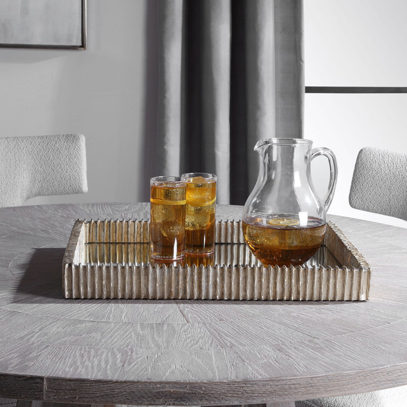 Silver Talmage mirrored tray by Uttermost, featuring a sleek rectangular design with reflective mirrored surface and silver finish.