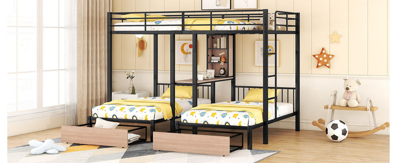 Triple Bunk Bed With Drawers, Multi-Functional Frame With Desks And Shelves In The Middle - R&R Furniture Gallery (Fountain Valley, CA)
