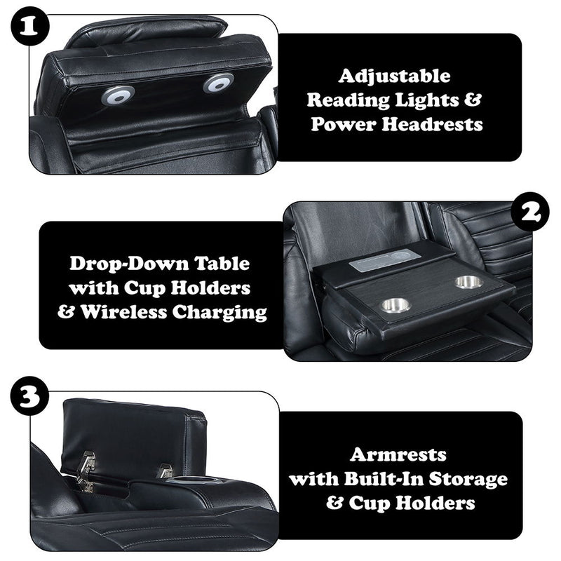 Ephron - Power Motion Sofa With Dropdown Table, Wireless Charging, Reading Light, Power Headrests & LED - Black - R&R Furniture Gallery (Fountain Valley, CA)