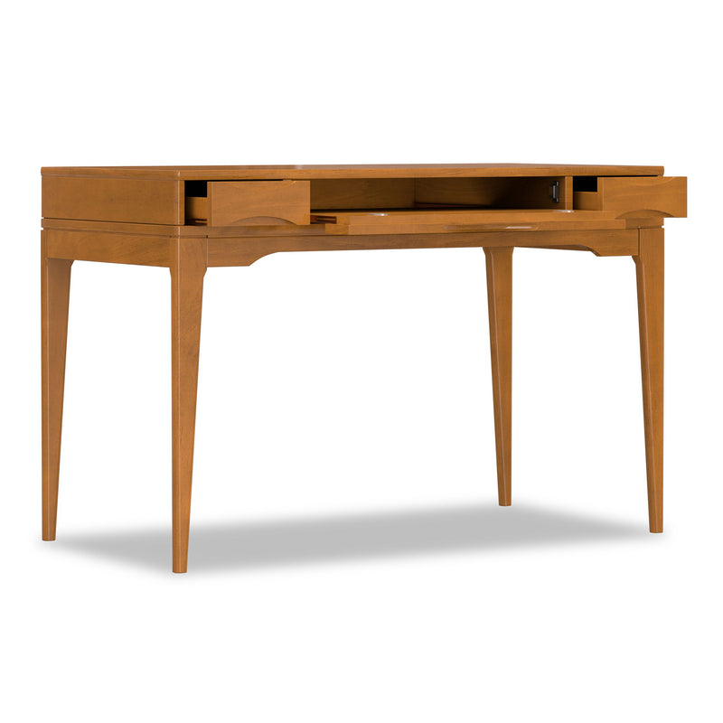 Handcrafted Harper writing desk by Simpli-Home with wood finish, featuring a spacious surface and clean, modern design.