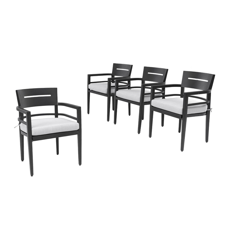 Set of four Life Outside outdoor patio dining chairs with black frames, tapered feet, and Sunbrella fabric cushions.