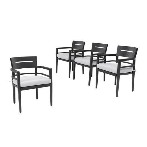 Set of four Life Outside outdoor patio dining chairs with black frames, tapered feet, and Sunbrella fabric cushions.
