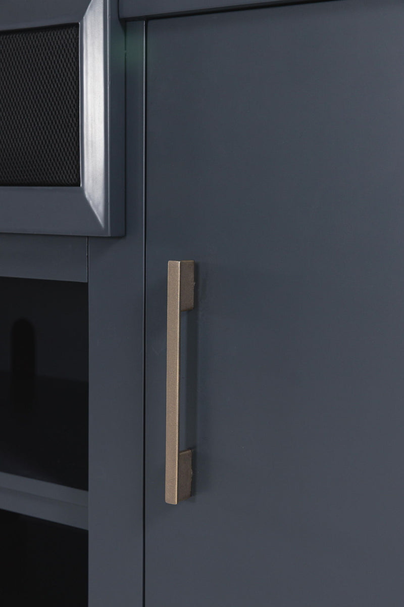 Brown and blue Landocken XL TV stand with fireplace option by Signature Design by Ashley, featuring storage shelves and modern design.